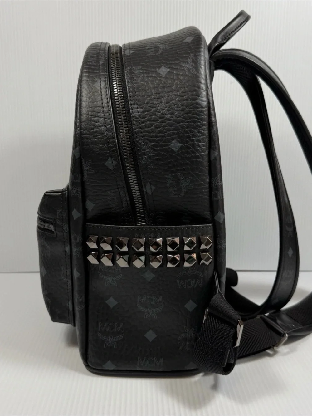 MCM Black Monogram Mini Backpack with Front Zip Pocket